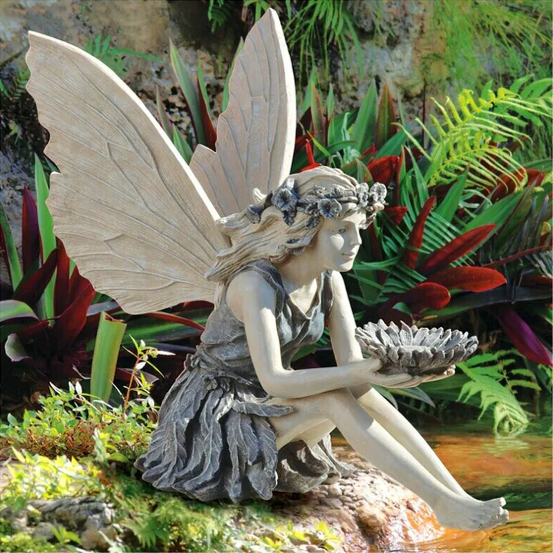 

Garden Fairy Statue Sunflower Sculptures and Figurines Bird Feeders Angel Landscaping Yard Art Ornament Resin Outdoor Decoration