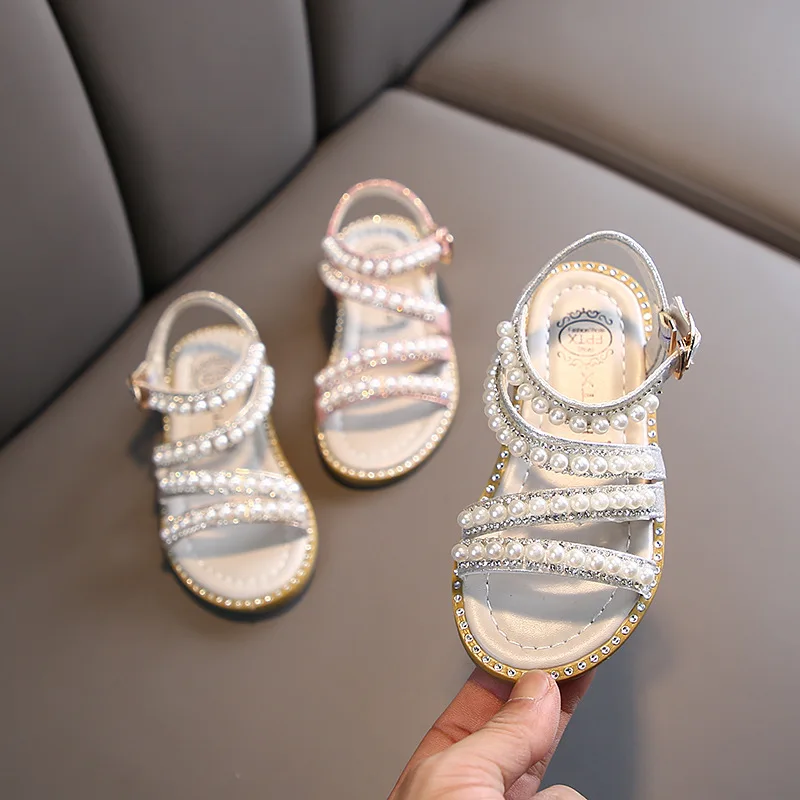 

New Summer Girls Shoes Bead Flats Fling Princess Shoes Baby Dance Shoes Kids Sandals Chidren Wedding Shoes Pink Silve