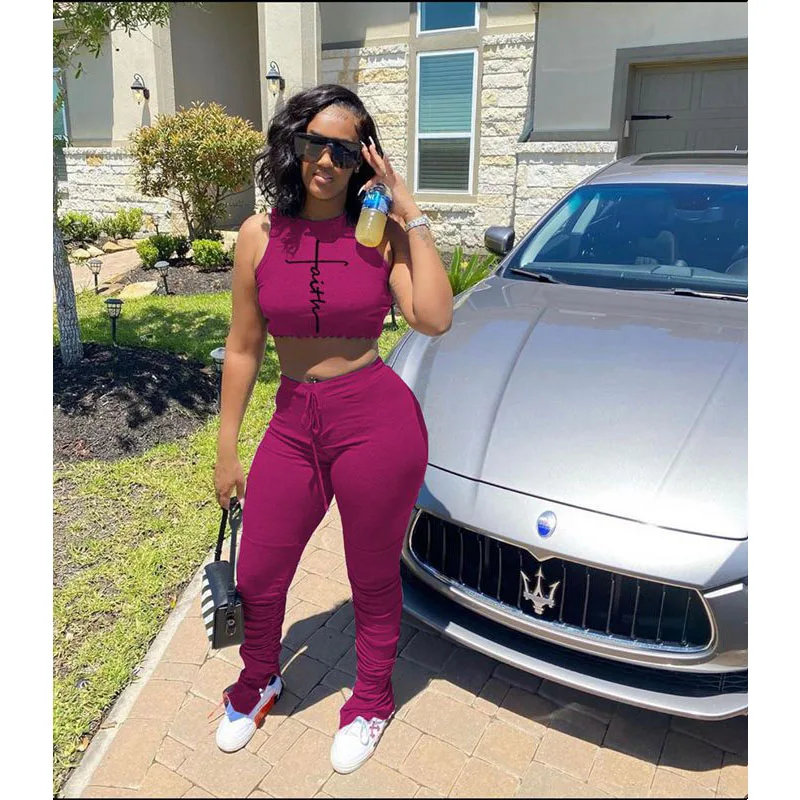 

Spring Sexy Two Piece Set Women Print Sleeveless Tank Top+Stacked Leggings Pants Sets Lounge Club Outfits Streetwear Wholesale