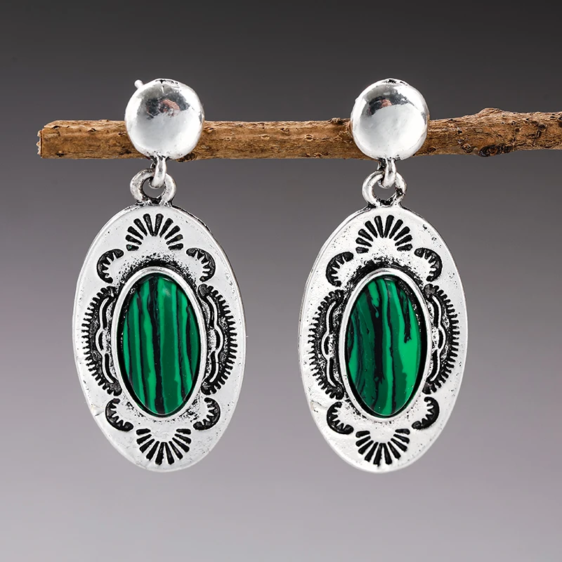 Винтажные Богемные Геометрические Висячие Серьги С Зеленым Камнем Женская Мода