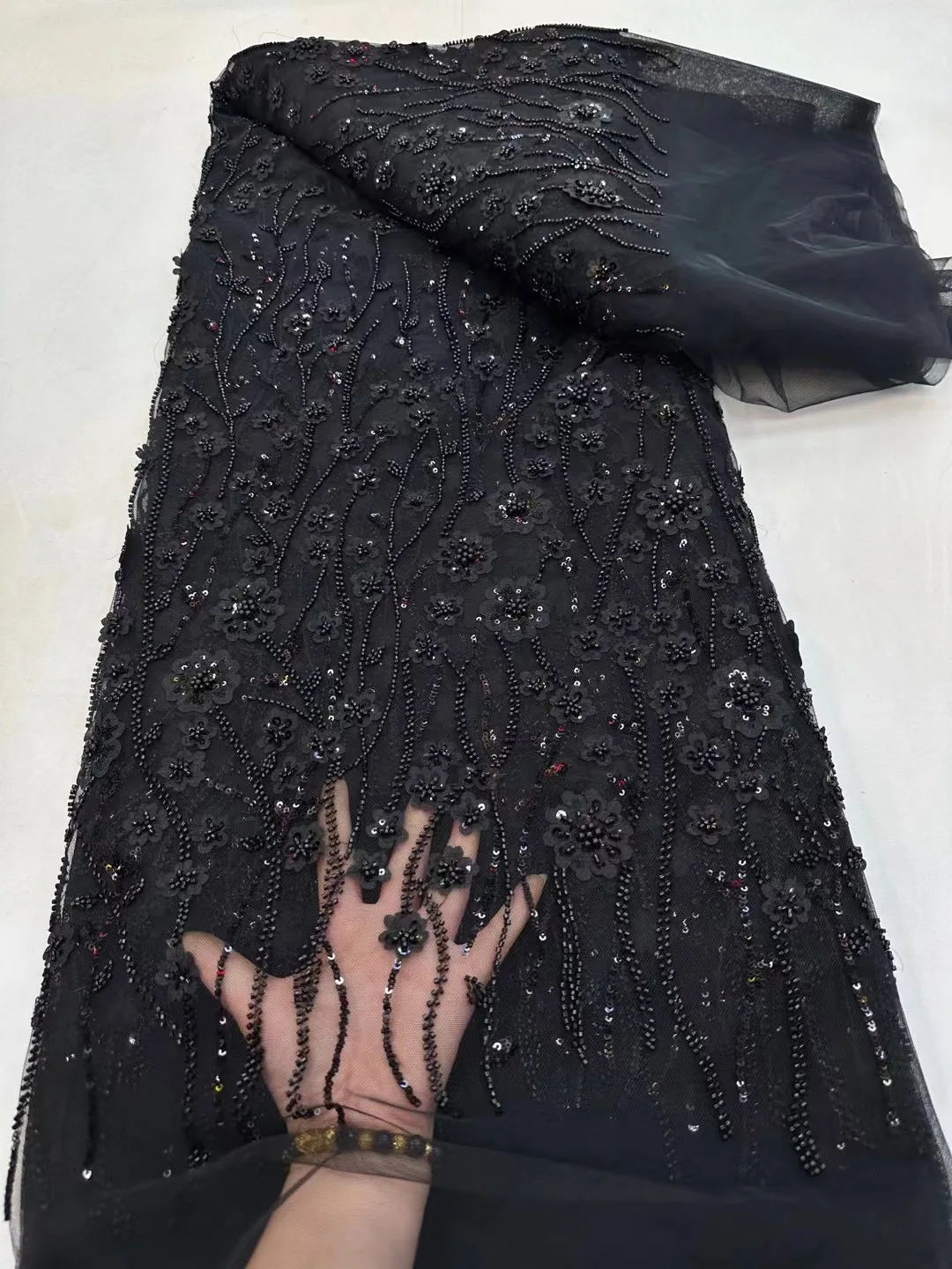 

Черные великолепные африканские блестки ручной работы 5 ярдов кружевная ткань французская Роскошная бисерная Тюлевая кружевная ткань для свадебного платья