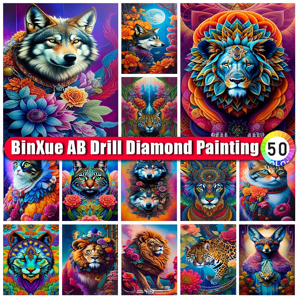 

BinXue Colorful Abstract Animal AB Diamond Painting Wolf Flower Embroidery Lion Cross Stitch Cat Handmade DIY Mosaic Art Gift