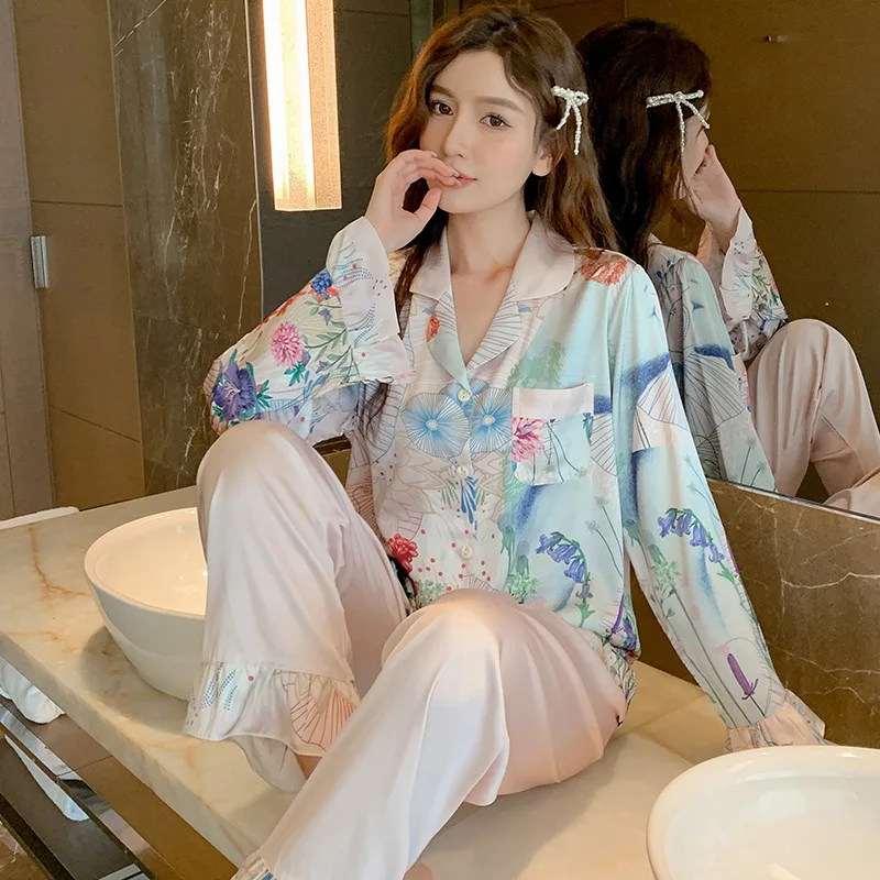 Autumn 2023 Floral Pajamas Women's Silk Long Sleeve Floral Frill Two-Piece Set Thin Homewear Suit
