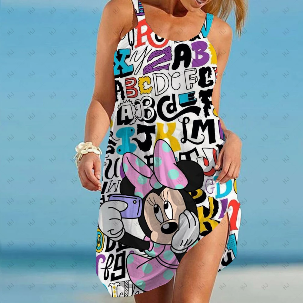 

Letter ABCDEFG Print Disney Minnie Mickey Mouse Dress For women Fashion Bohemian Loose Sling Dresses Women Summer Beach Sundress