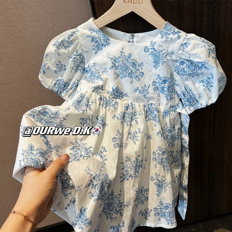 

Детское Хлопковое платье с рукавами-фонариками, с цветочным принтом