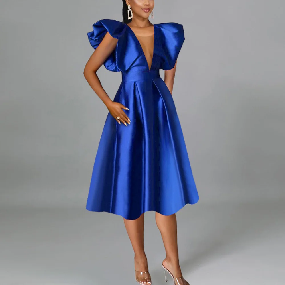 Luxury Dresses for Women Blue Round Neck Flare Sleeve High Waisted A Line Mid Calf Elegant Birthday Party Dinner Vestidos Mujer