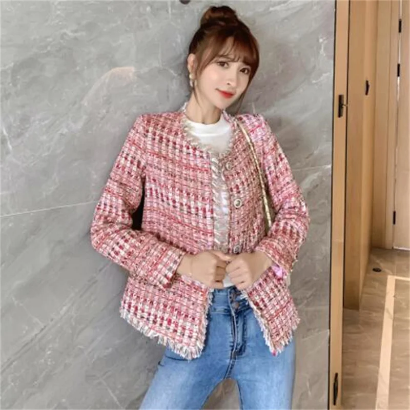New tweed jacket womens tassel short wool coats spring autumn small fragrance korean style slim ladies temperament pink green