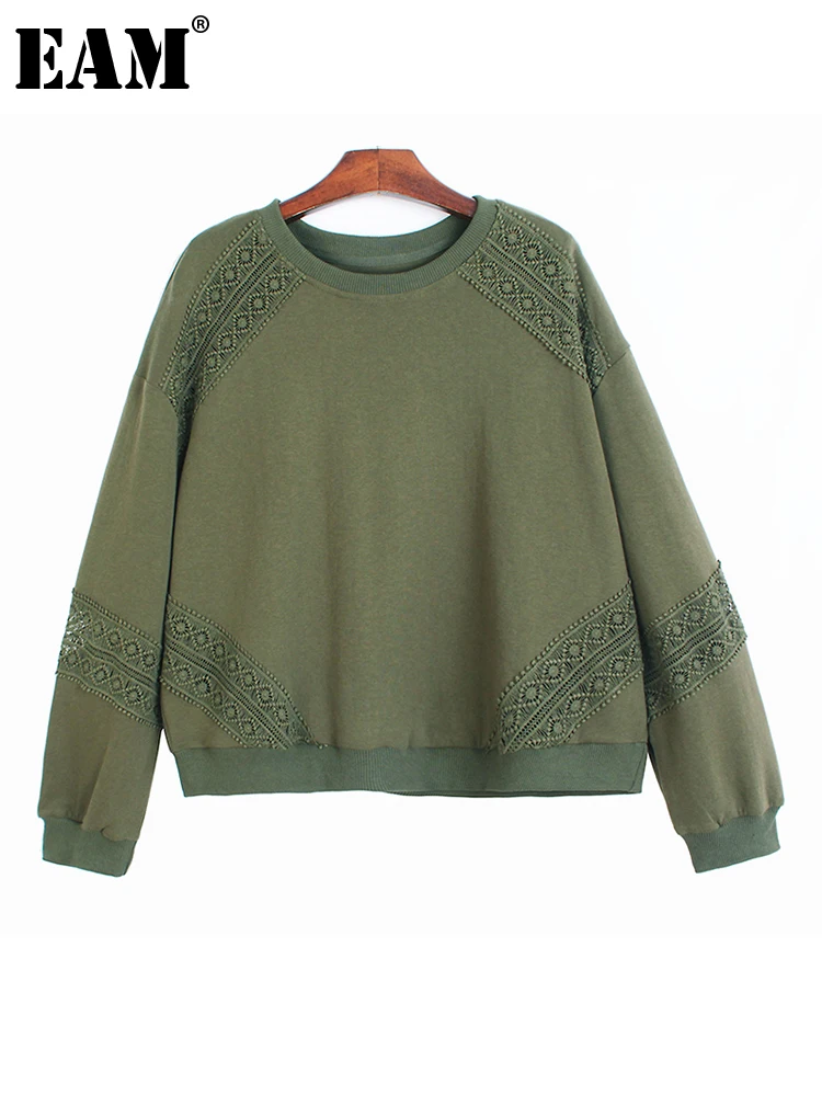 

[EAM] Loose Fit Green Lace Casual Sweatshirt New Round Neck Long Sleeve Women Big Size Fashion Tide Spring Autumn 2023 1DF2643