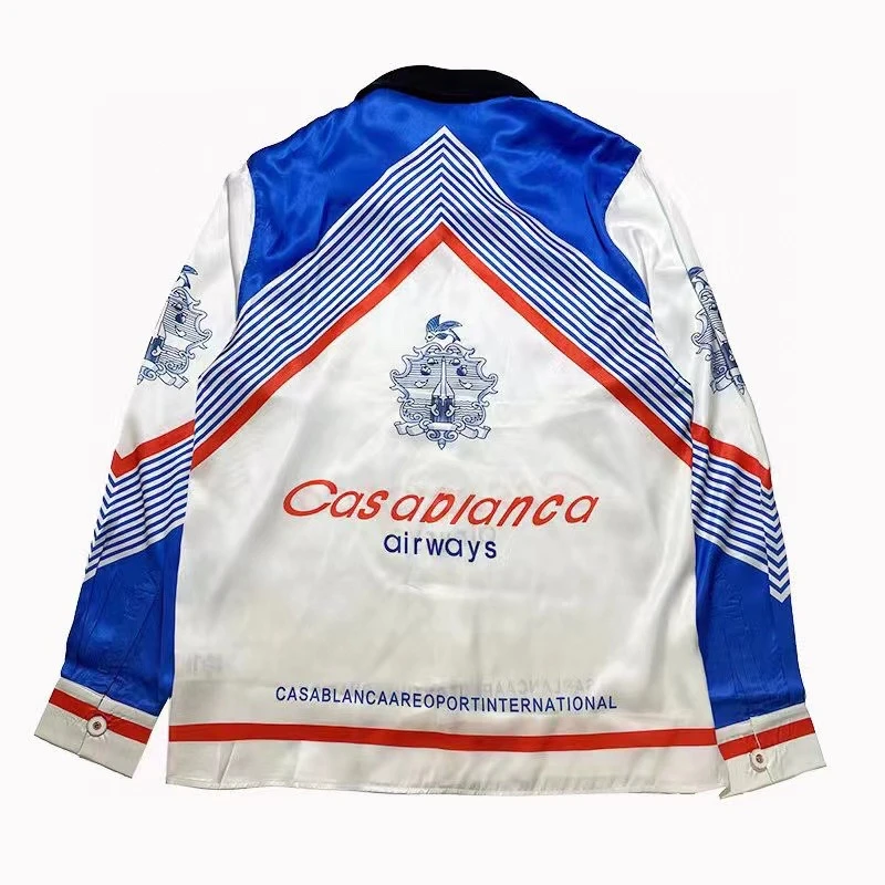 Airways CASABLANCA Long Shirt Silk Men Women High Quality Airline Themed Print Blue White Stripe Hawaii Casual Shirt