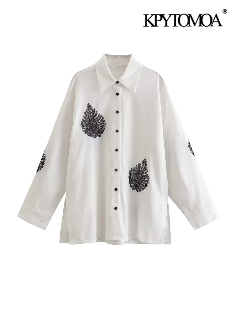 

KPYTOMOA Женская мода с бусинами аппликации свободные льняные рубашки винтажные с длинным рукавом с боковыми разрезами женские рубашки Блузы ш...