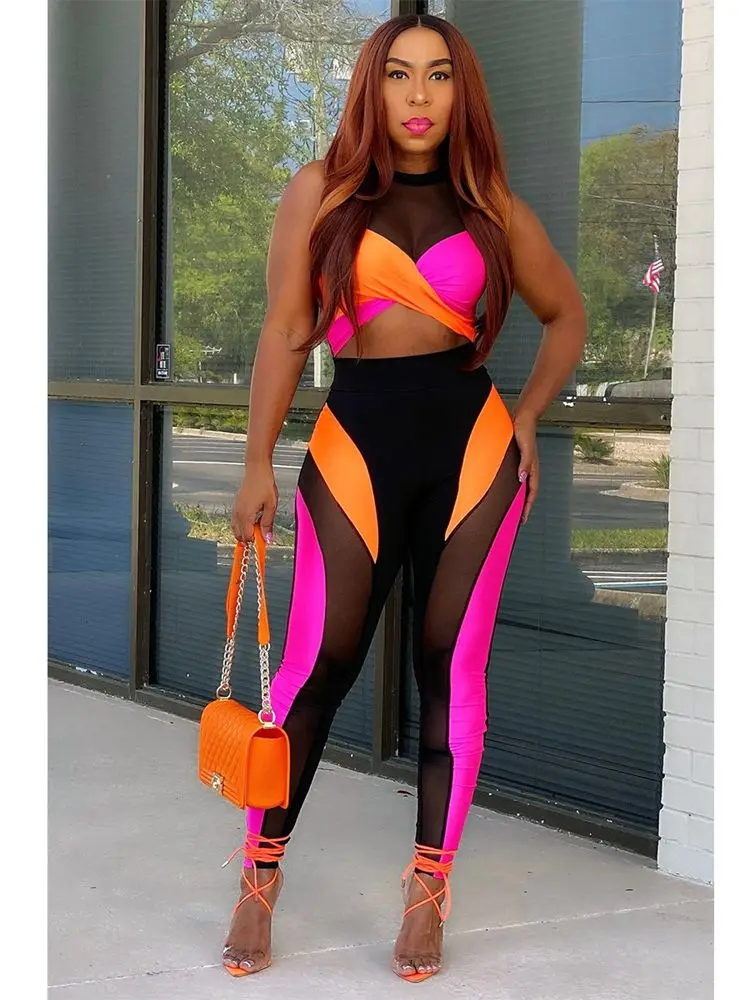 

Top Pants Suits Matching Sets Sexy Club Outfits Mesh Sheer Spliced Two Piece Set Summer Clothes for Women Tracksuit Crop