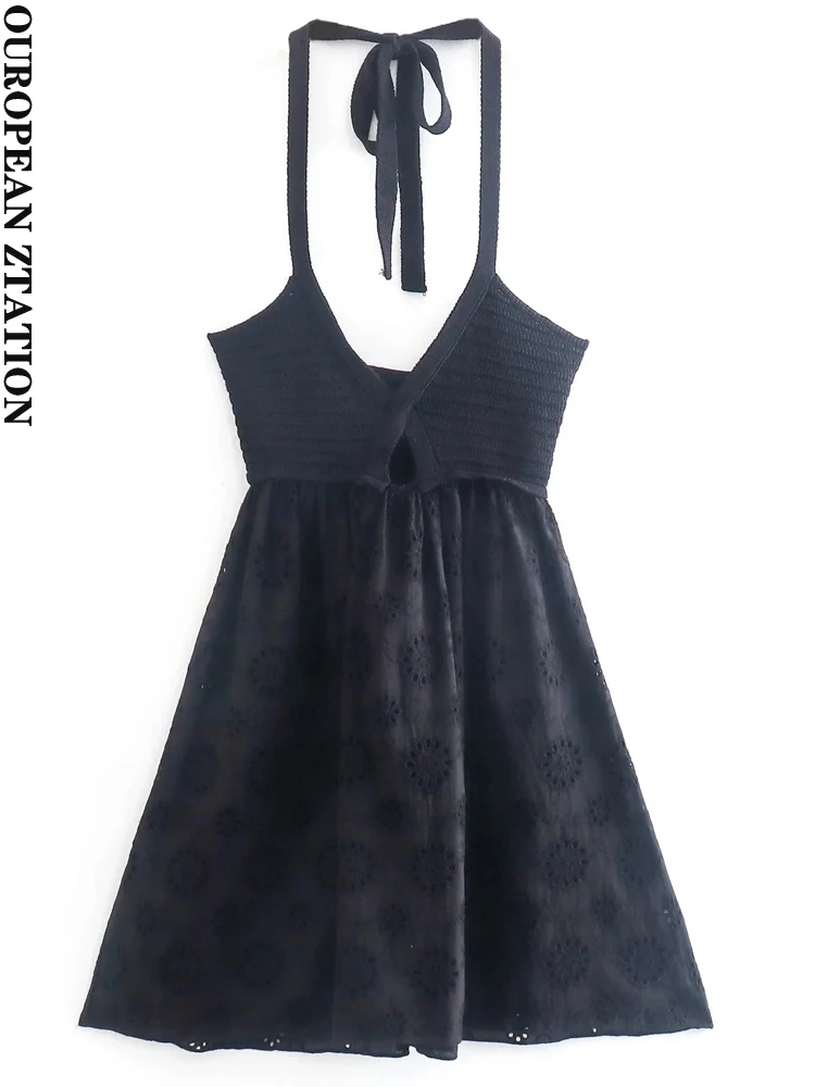 

PAILETE Women 2022 fashion cutwork embroidery knit mini dress vintage backless tied straps female dresses vestidos mujer