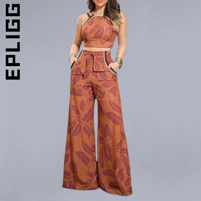 Epligg-Conjunto de Top y pantalones largos sin mangas con estampado de hojas para mujer, chándal holgado de dos piezas, a la moda