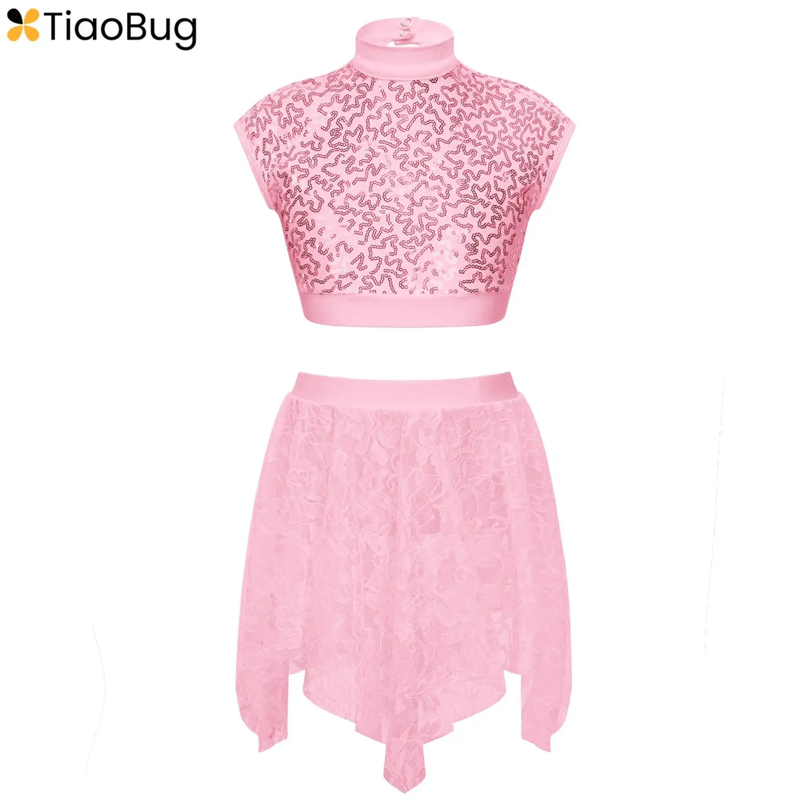 

Kids Girls Sparkly Sequins Ballet Dance Dress Crop Top with Irregular Lace Skirt Set Latin Jazz Ballroom Costume Dancewear