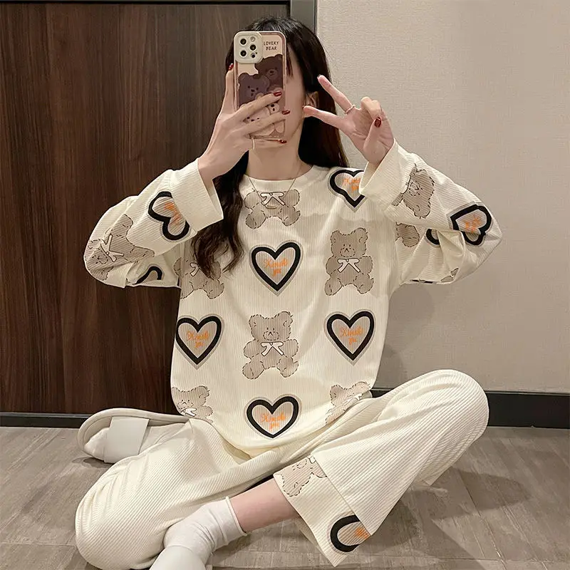 QWEEK Home Suit for Women Sleepwear Pajamas Kawaii Bear Heart-shaped Pyjamas Autumn Winter Pijamas Negligee Nightwear Roomware