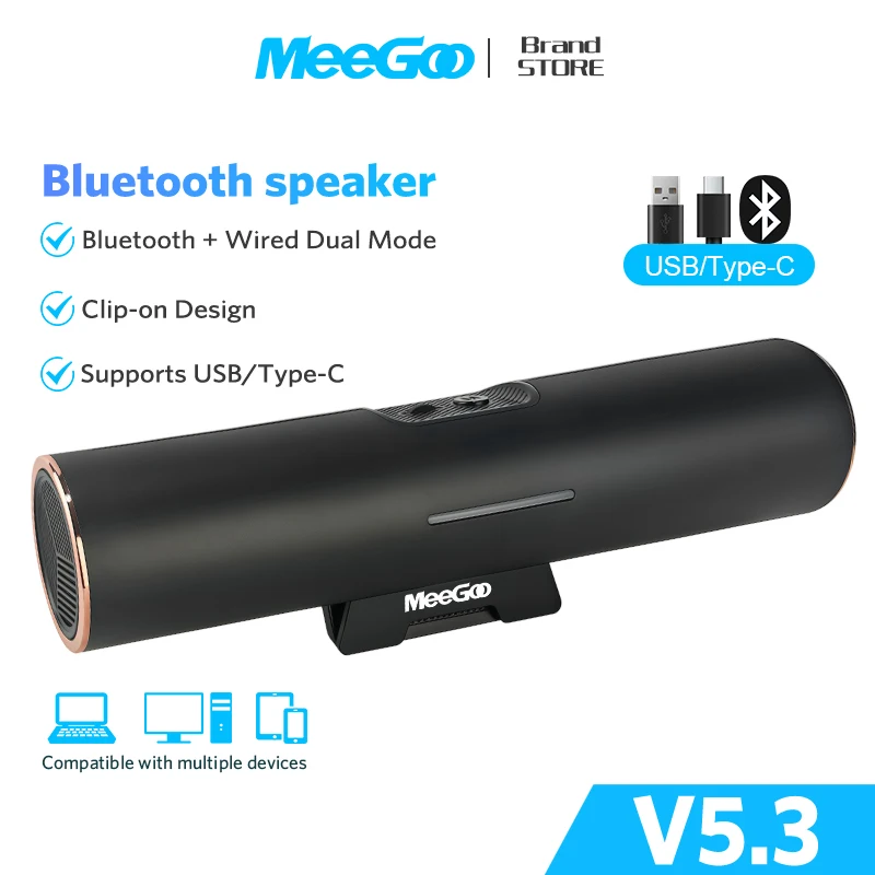 Портативная Bluetooth-колонка MeeGoo с креплением, стереозвук 2*3 Вт, Bluetooth 5.3 и двойной режим работы USBType-C, крепление на столмонитор, с регулировкой громкости (art.: 3920dc20d4cb3) - 3920dc20d4cb3