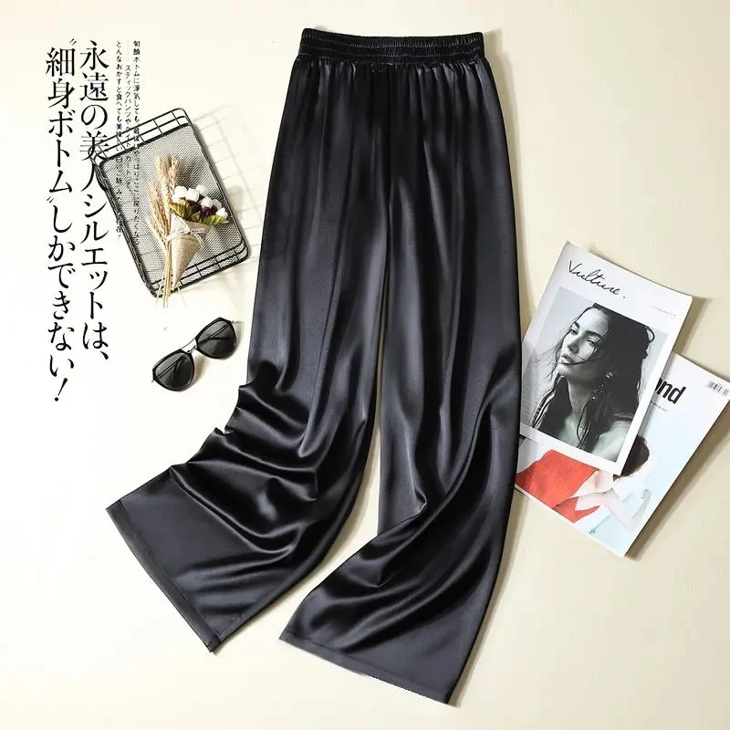 

Acetate High Waist Pants Straight Satin Black Wide Leg Pants Korean Clothing Spring Summer Oversize Loose