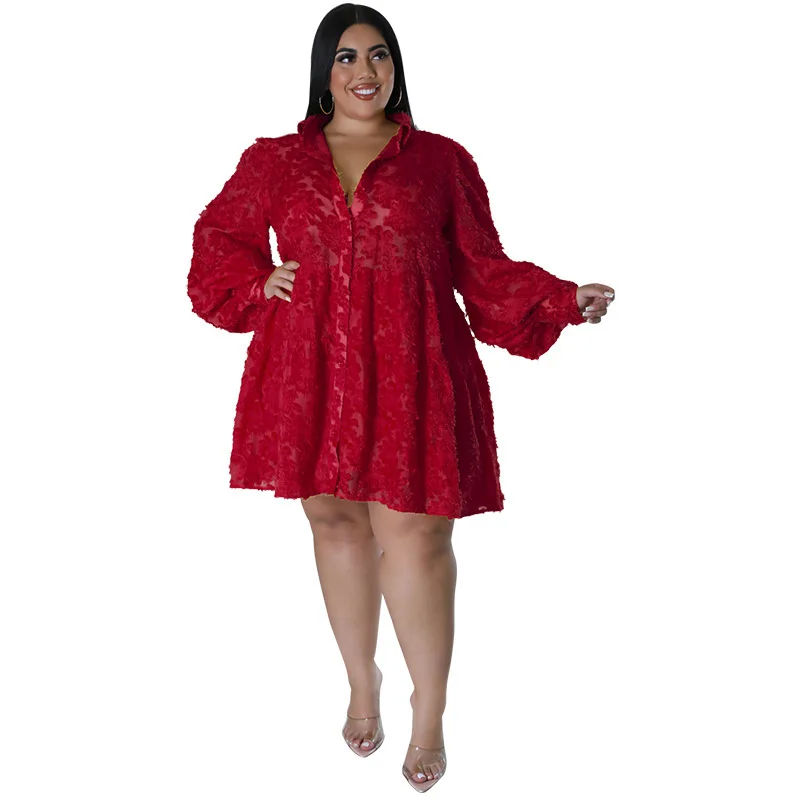 Plus Size Lace Women Long Sleeves Shirt Dress Belt Fashion Turn Down Neck Buttons Elegant Casual Part 3xl 4xl 5xl 6xl