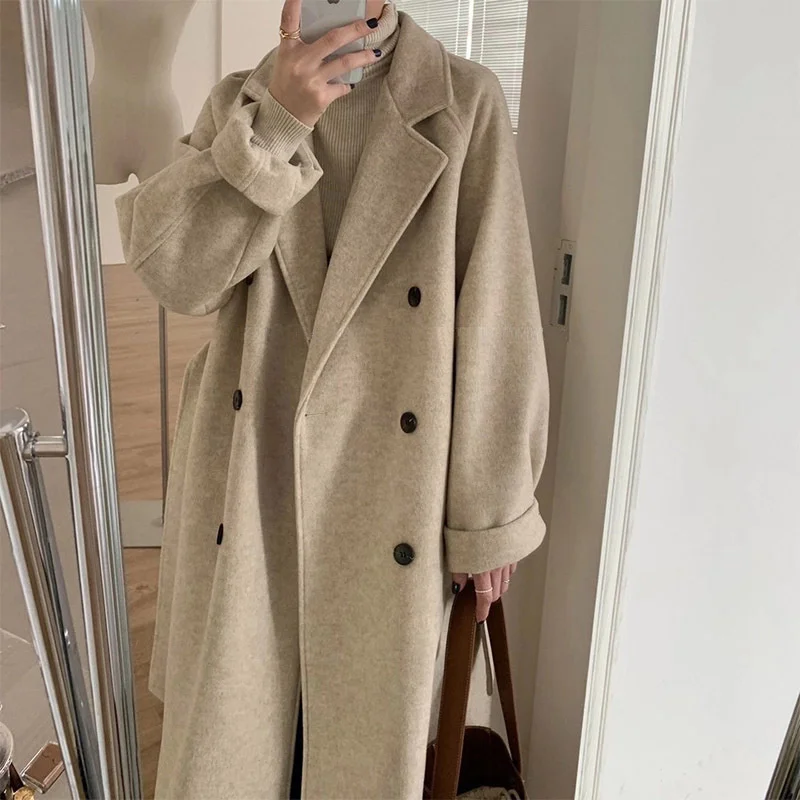 Women's Woolen Coat 2022 Autumn Winter New Korean Chic Mid-length Woolen Coat Jacket Warm Casual Ladies Solid Color Jackets