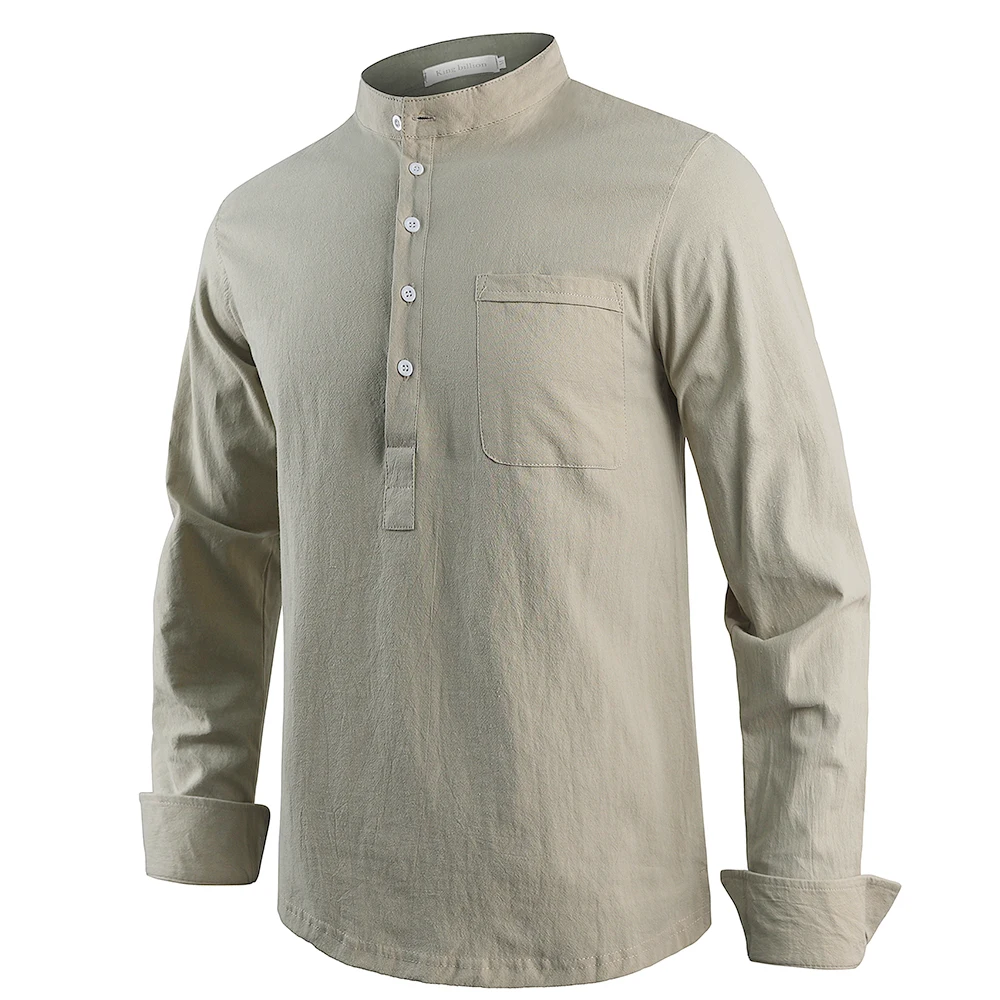 

100% Cotton Line Hot Sale Men's Long-Sleeved Shirts Summer Solid Color Stand-Up Collar Casual Beach Style Plus Size