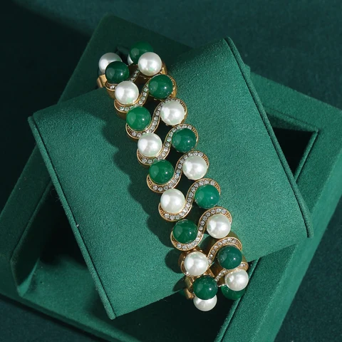 Винтажные браслеты изумрудного агата с жемчугом LOVE GREEN LIVE GREEN