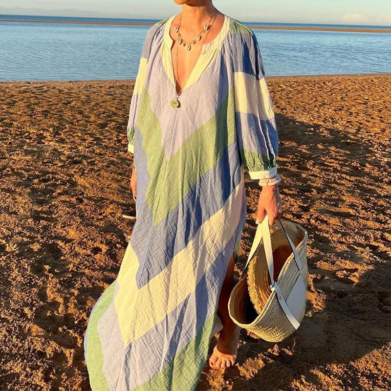 

Spring Summer Lady Long Sleeve V-neck Bohe Dresses Women Striped Stitch Loose Pullover Long Dress Casual Side Split Beach Dress