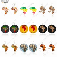 somehour africa mainland map printing women wooden drop earrings elephant rhino amazing ethnic round pendant dangle jewelry gift