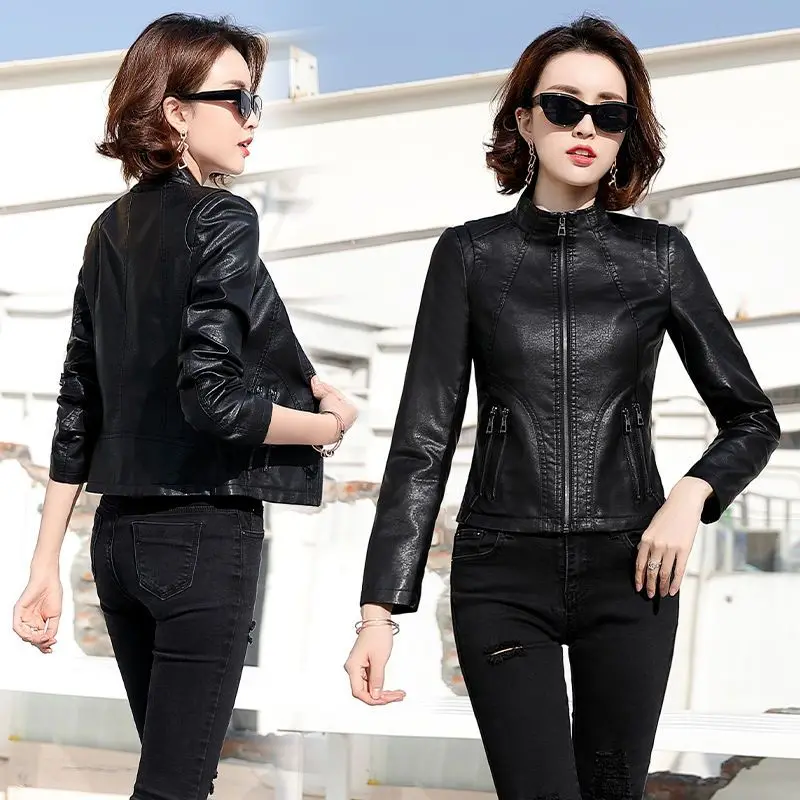 Fashion Women Leather Cool motorcycle Clothes casual Spring Autumn and Winter short leather Jacket Double Zipper design Jacket