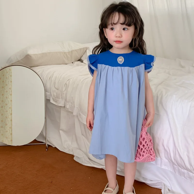 

5260B Girls' Dress 2023 Summer New Doll Collar Fly Sleeve Girl's Dress Cotton Contrast Sweet Princess Dress