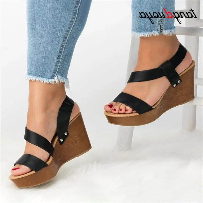 

Women Sandals Wedge Platform Sandals Summer Solid Causal Slip On Concise Fashion Wedges Brand New Heels Open Toe Lady Shoes