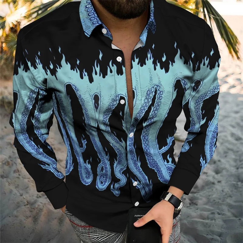 

Spring Autumn Fashion Men's Shirts Lapel Casual Shirts Octopus 3D Printed Long Sleeve Tops Mens Streetwear Cardigan