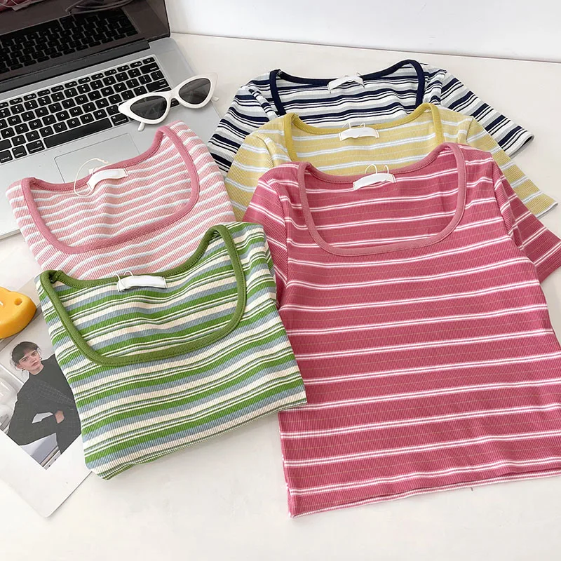 Summer Classic Simple  Color Matching Stripes Comfortable Knitted Slim Fit Short Sleeve T-shirt