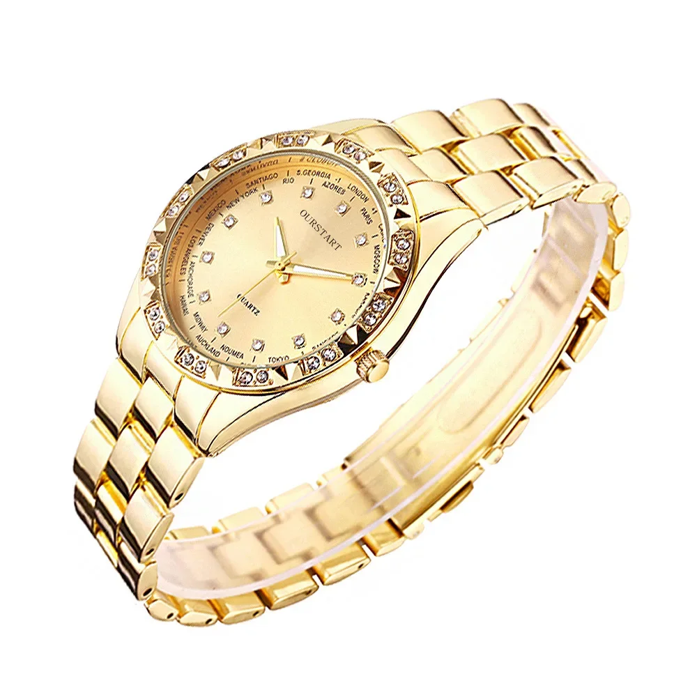 

Прямая поставка от производителя часов с алмазной вставкой для деловых пар, золотые кварцевые часы со стальным браслетом