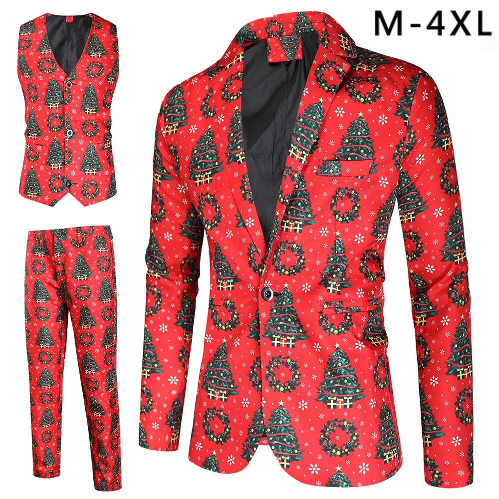 

Christmas Tree Printed Red Men Suits Fashion Prom Party Dress Up Blazers Jacket + Vest + Trousers Plus Size Slim Costume Homme