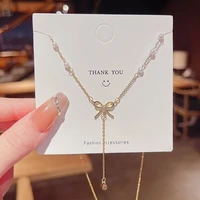 stainless steel bow tassel pendant necklace for women jewelry necklaces zirconia luxury choker korea