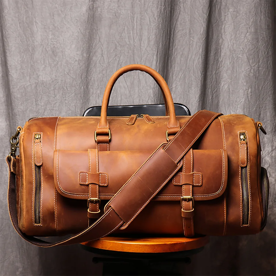 Crazy Horse Leather Travel Duffle Bag With Shoe Pocket Big Capacity Travel Weekender Bag Mens Business Bag Travel Tote Bag 20