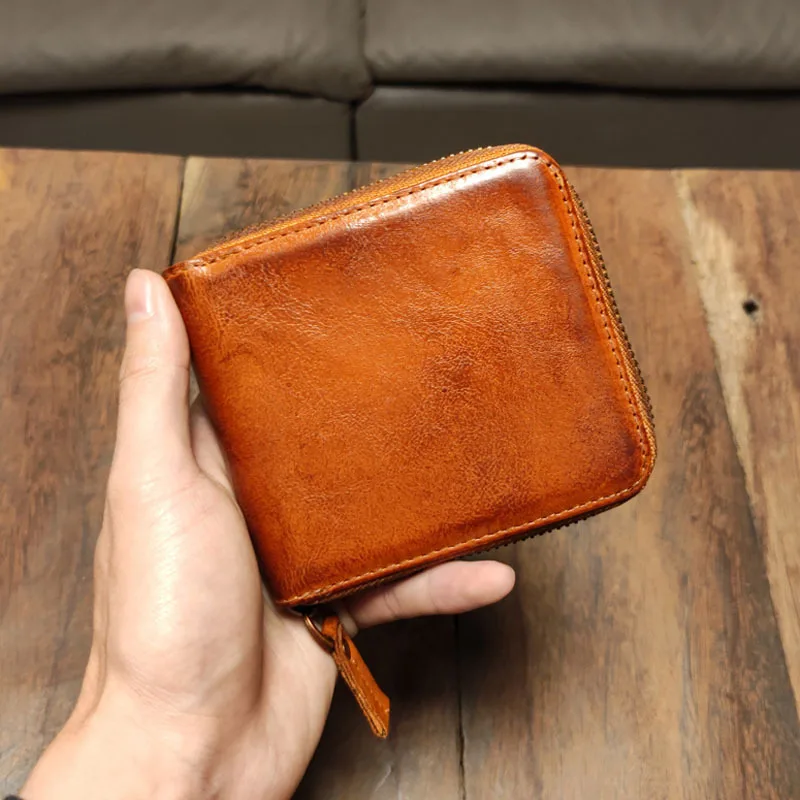 

AETOO Vegetable tanned leather commuter card Bag Short zip wallet Men's handmade leather small wallet cowhide vintage money cli