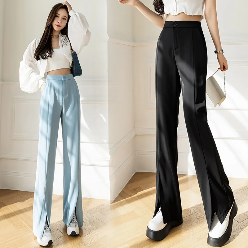 

2022 Spring Summer New Women Straight Suit Trousers Female Fashion High Waist Slit Long Pants Office Lady Casual Wide Leg Pants