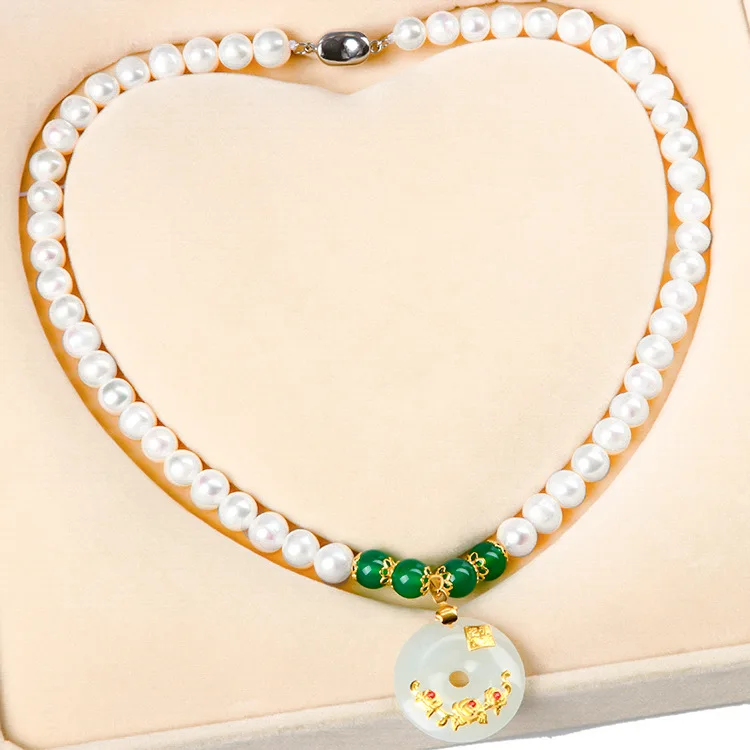 

Retro Natural Freshwater Pearl Necklace for Women Natural Stone Hetian Jade Necklaces Jewellery Gift Party Banquet Accessories