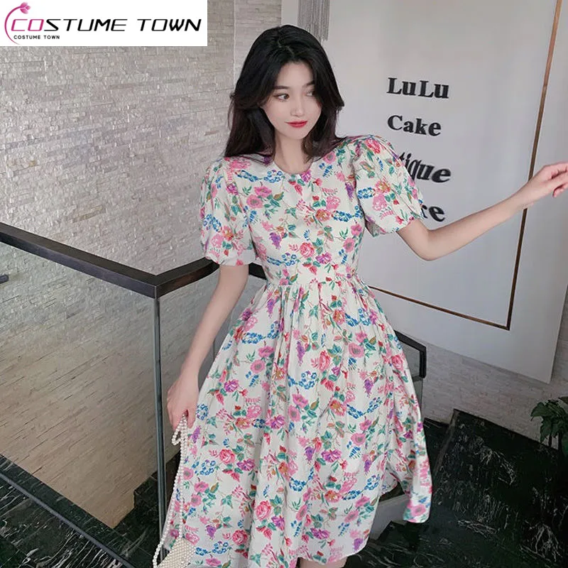 

Tea Break Fragmented Flower Bubble Sleeve Dress with Thin V-neck and Fairy Sweetheart Style Skirt Soft and Feminine Long Dress