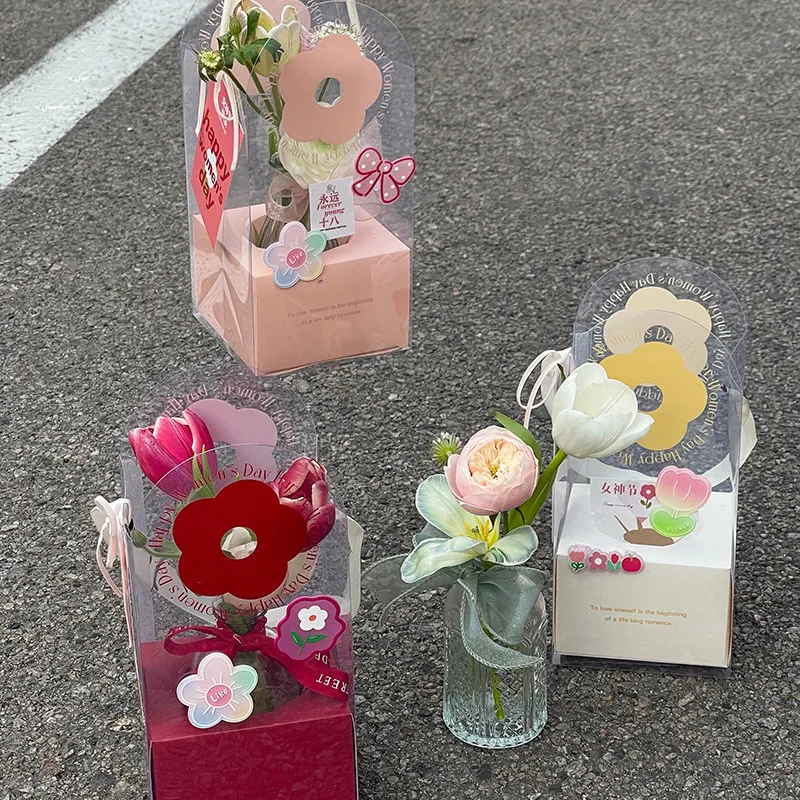 

5PCS Hand-carried Flower Box 3.8 Goddess Day Flower Arrangement Transparent PVC Single Rose Bouquet Packaging Small Flower Box