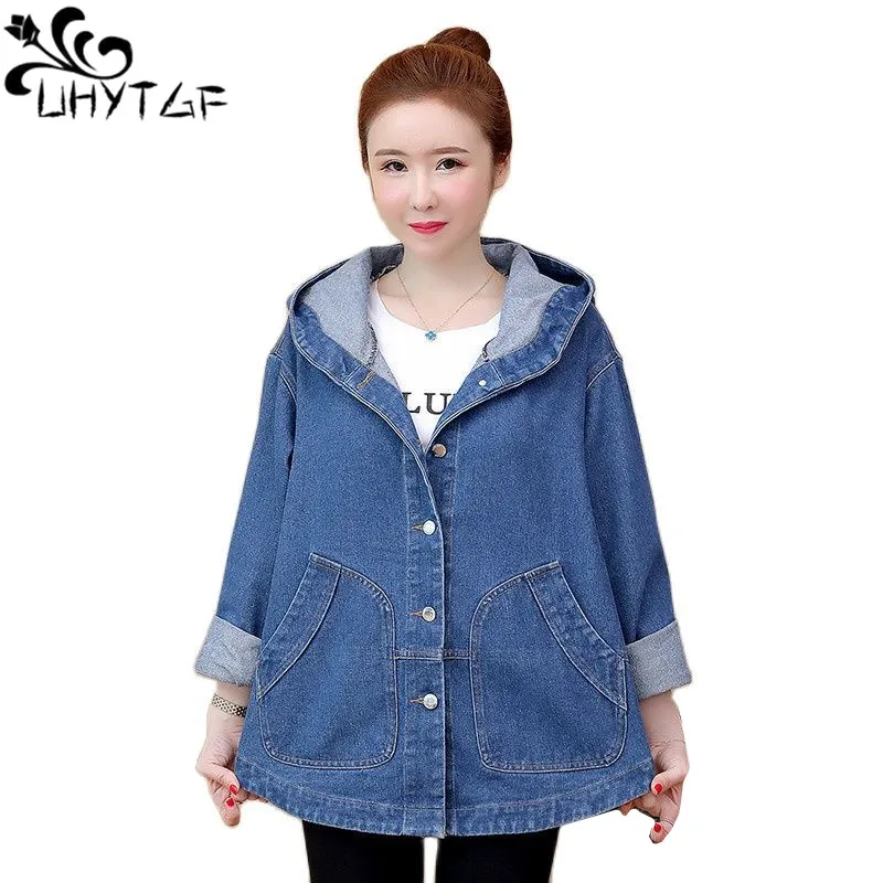 

UHYTGF Hooded Spring Autumn Denim Jacket Women Long-Sleeved Loose 5XL Loose Size Jeans Coat Female Korean Casual Ladie Outwear 7