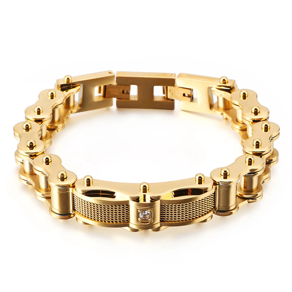 

15MM Punk Gold Color Stainless Steel Bike Biker Link Chain Bracelet Men Hiphop CZ Zircon Motorcycle Bicycle Bracelets Jewelry