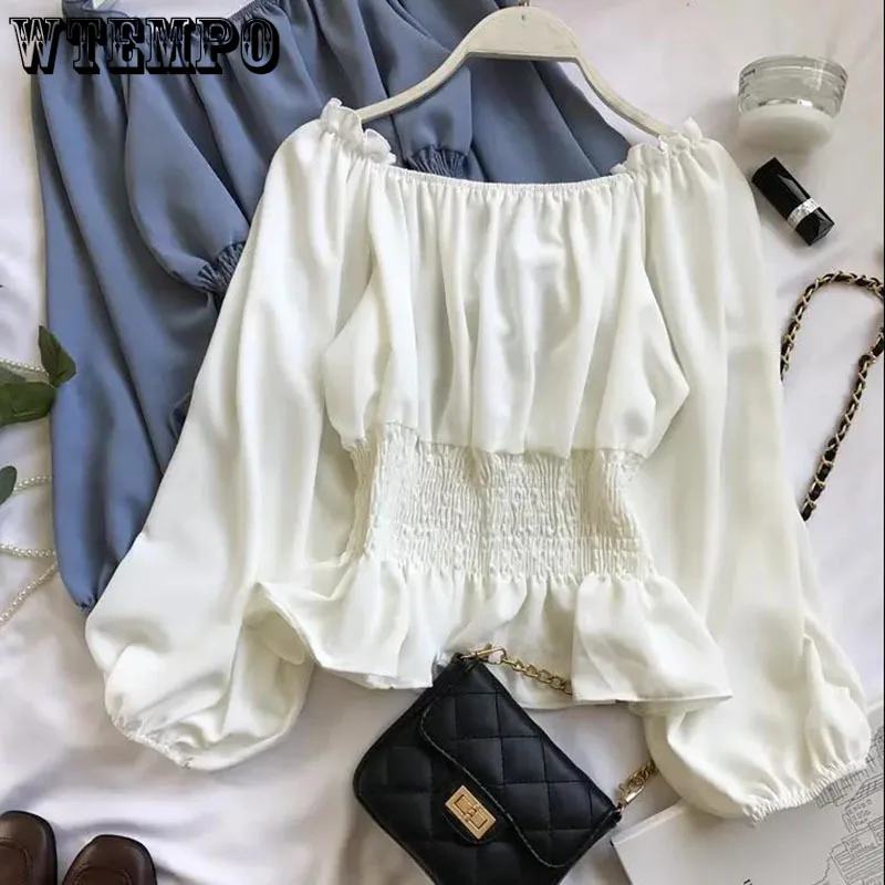 

Women's Ruffled Chiffon Shirt Short Top Sexy Off-the-shoulder Off-the-shoulder Long Sleeve Waist Shirt Drop Shipping Wholesale
