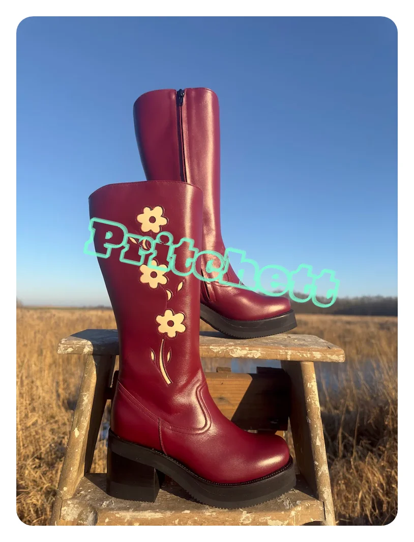 Красные кожаные сапоги до колена с цветами на платформе боковой молнией и