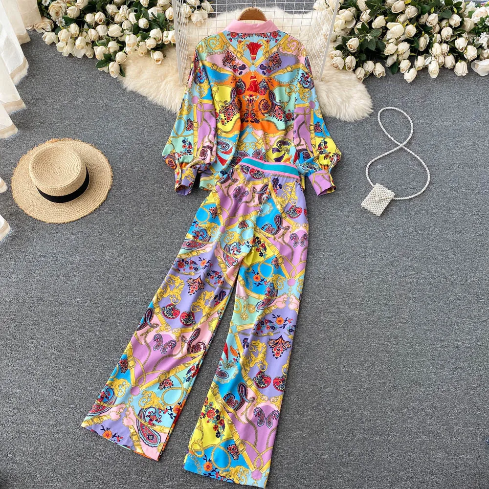 French Retro Printing Women Pajamas Set Elegant Temperament Sleepwear Loose High Waist Wide Leg Trousers Pijama 2 Pcs Home Suit