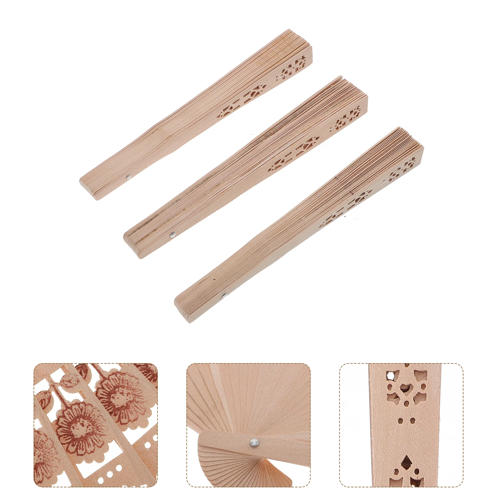 

3pcs Chinese Style Folding Fan Wooden Hand Fan Hollow Handheld Fan for Women