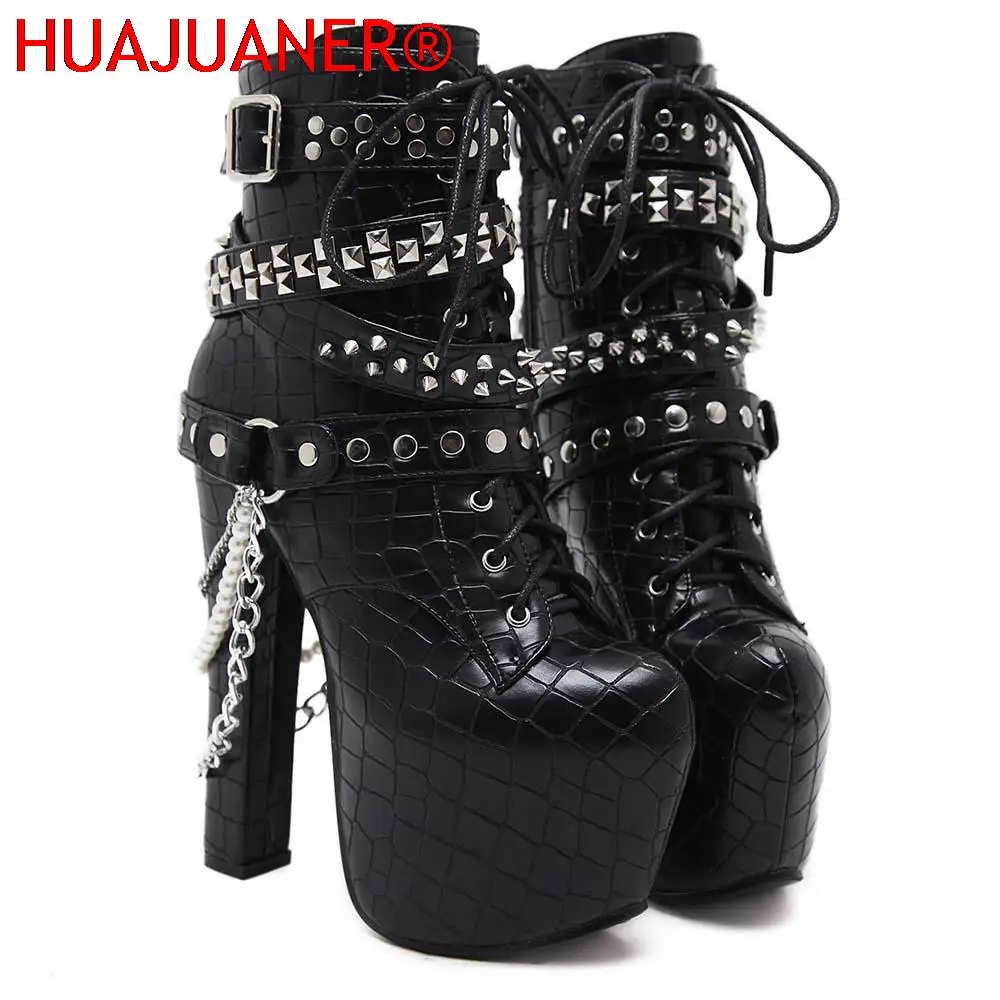 

HUAJUANER Zip Metal Chains Rivet Motorcycle Boots Women Shoes Super High Heels Platform Ankle Boots Punk Rock Gothic Biker Boots