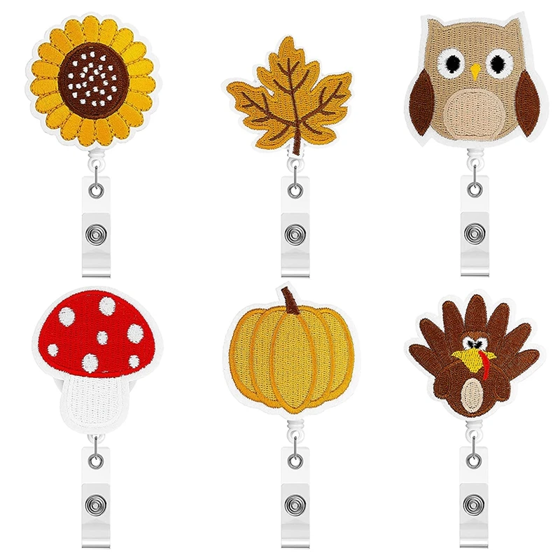 

6Pcs Thanksgiving ID Badge Holder Sunflower Retractable Badge Reel Clip Fall Pumpkin Maple Leaf Certificate Felt Clip