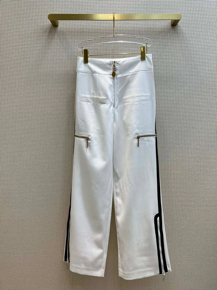 

Luxury 2 Color Sport Pants for Women Zipper Pocket Straight Pants Top Quality 3D Cut High Waist Wide Leg Pants Lady Spring 2022